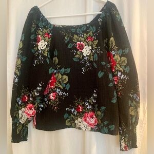 LOFT Black Floral Smocked Off-Shoulder Blouse with Red & Cream Roses Size L